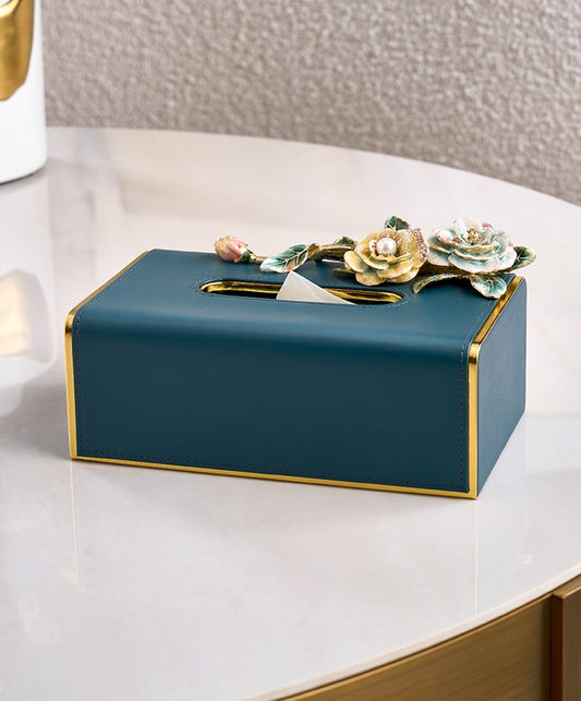 Teal Rose Garden Leather Tissue Box