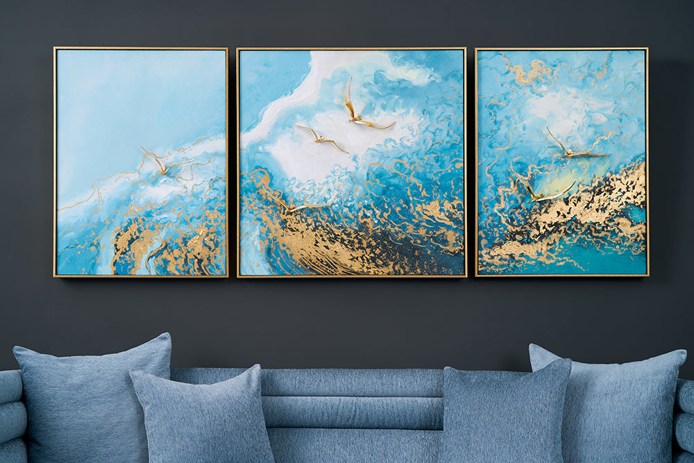 Azure Horizon "Golden Flight" Triptych Art