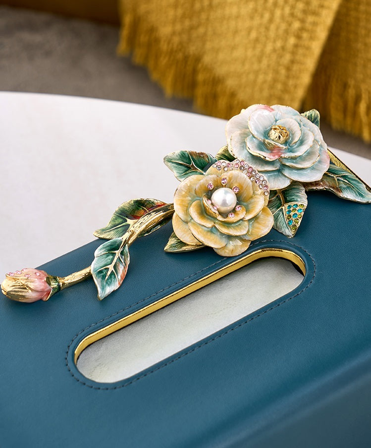 Teal Rose Garden Leather Tissue Box
