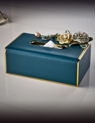 Teal Rose Garden Leather Tissue Box