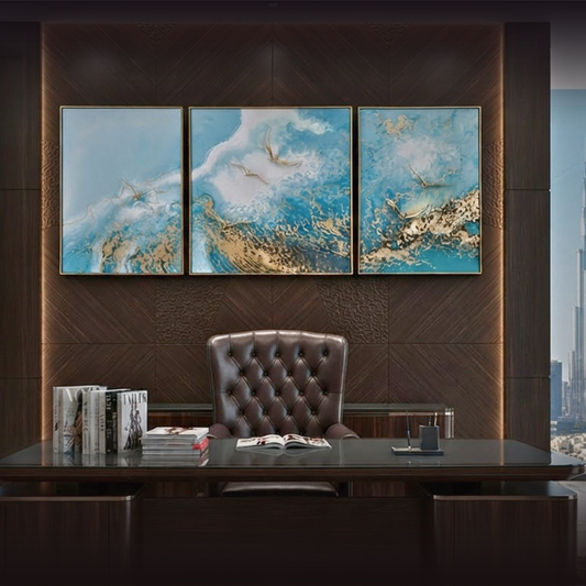 Azure Horizon "Golden Flight" Triptych Art