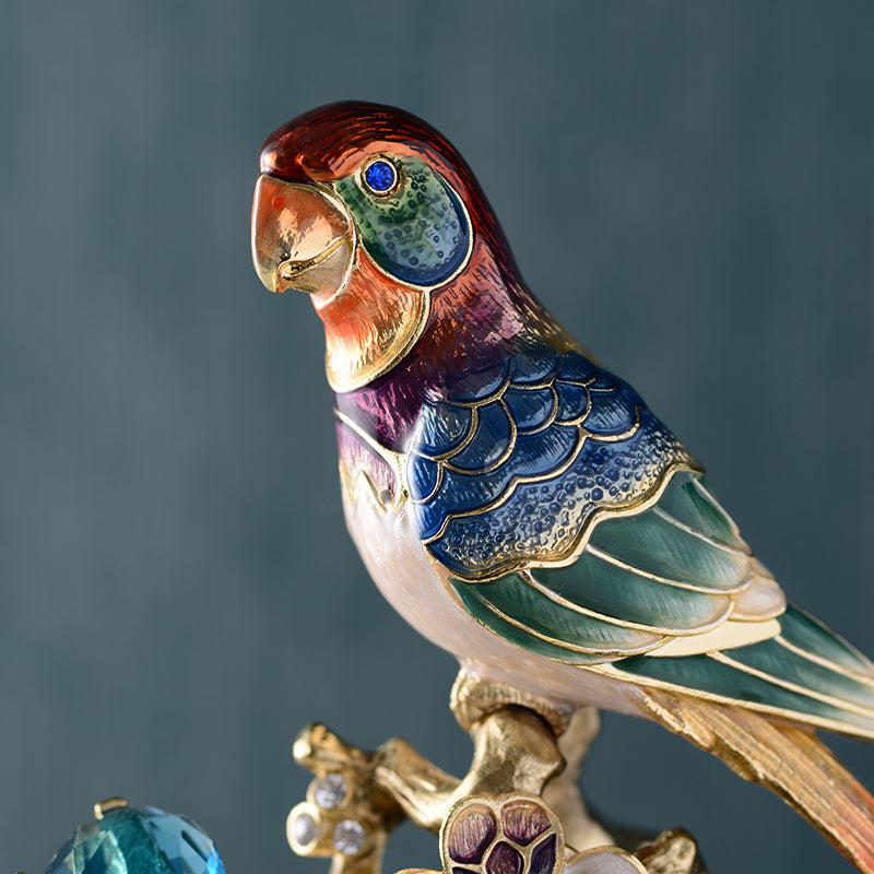 Parrot on Crystal Orb with Floral Branch - Handcrafted Decorative Sculpture