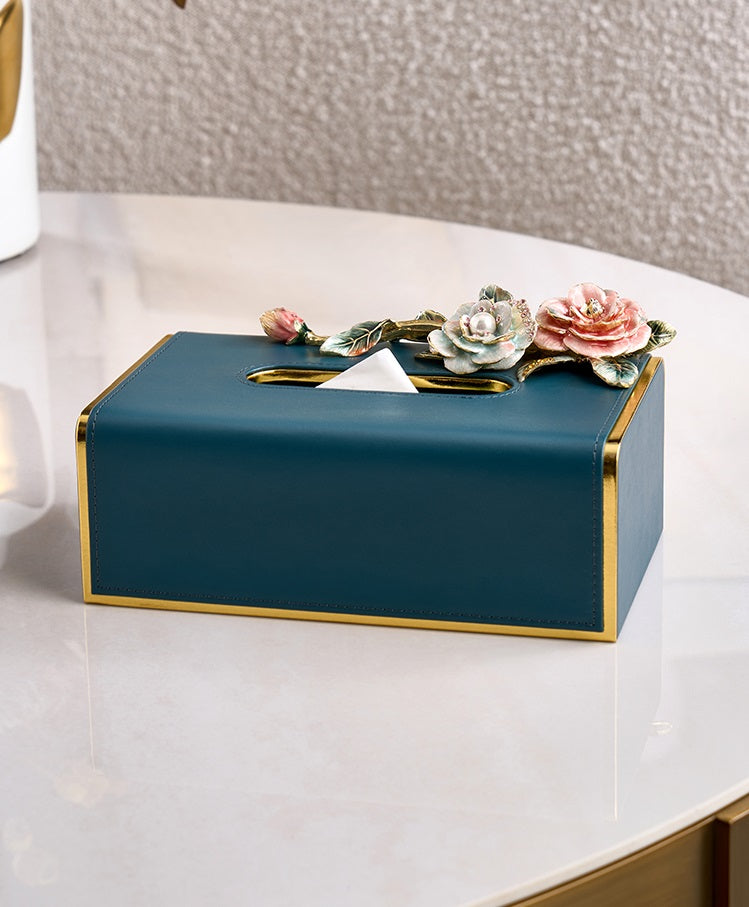 Teal Rose Garden Leather Tissue Box