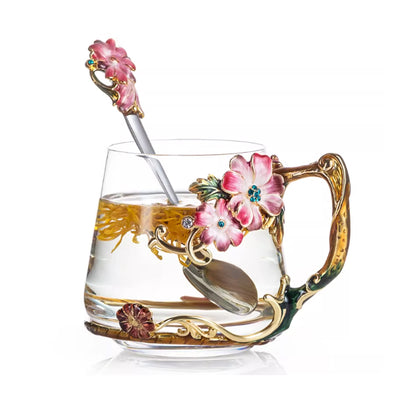 كوب زجاجي مطلي بالمينا بنقشة زهور برية