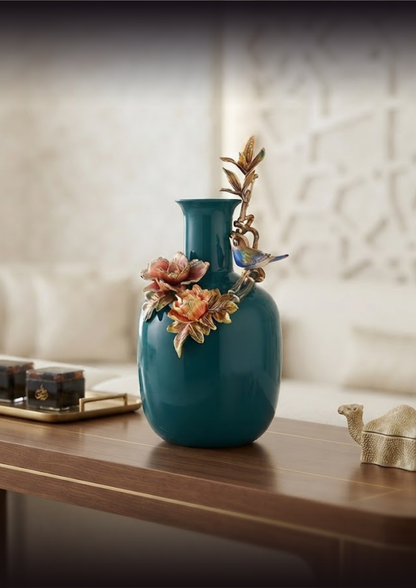 Teal Blossom Ceramic Vase