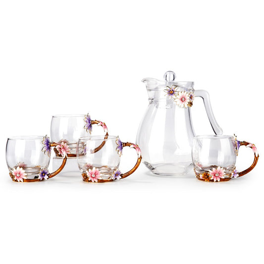 طقم مشروبات زجاجي بنقشة زهر المروج