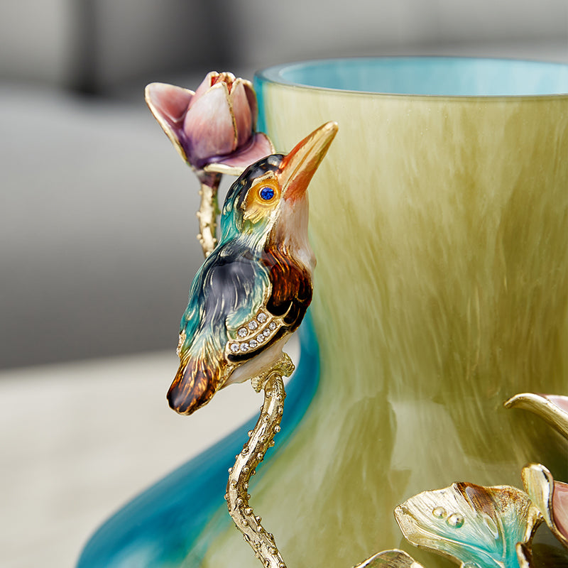 Verdant Mist "Lotus & Kingfisher" Art Vase