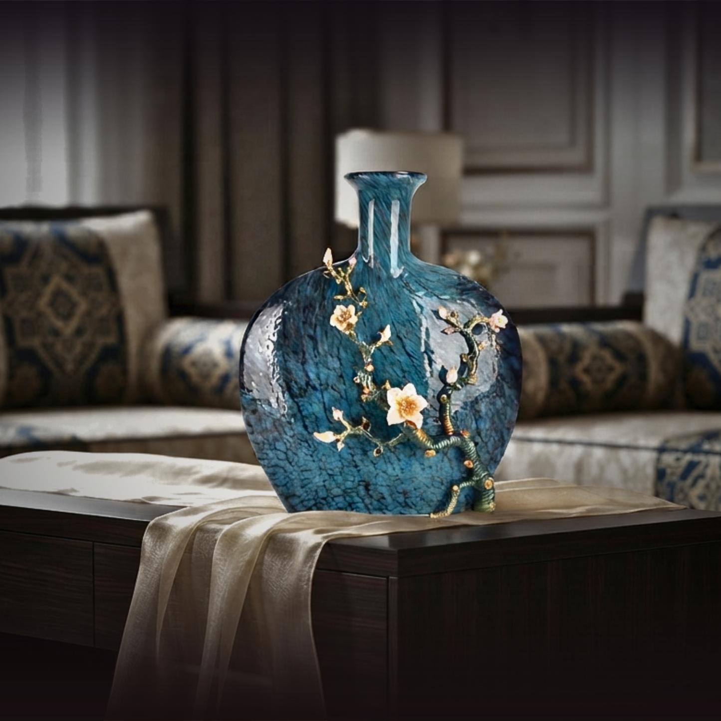 Turquoise Ripple & Golden Blossom Vase
