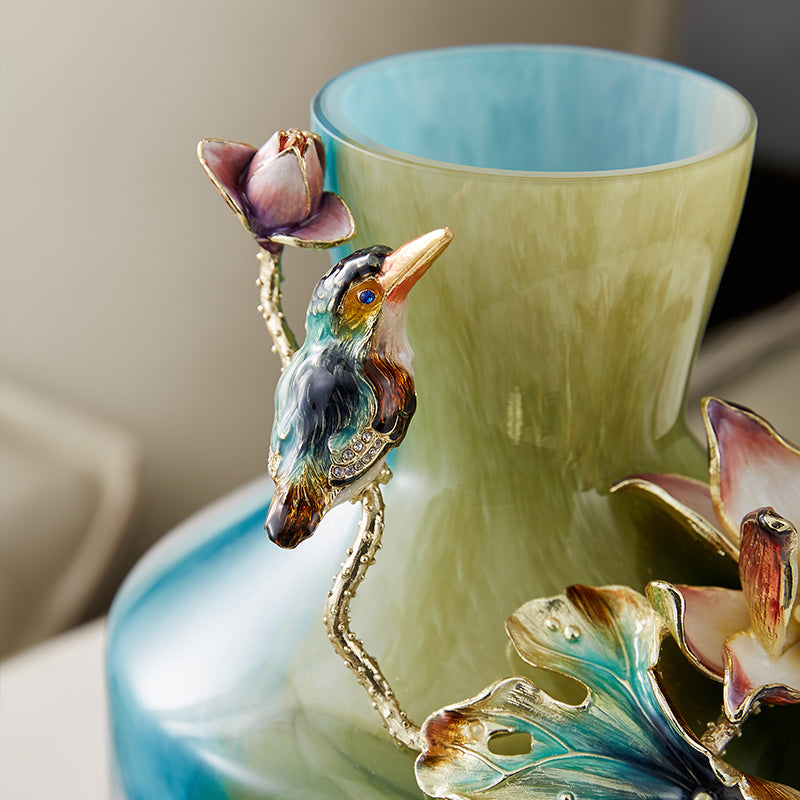 Verdant Mist "Lotus & Kingfisher" Art Vase