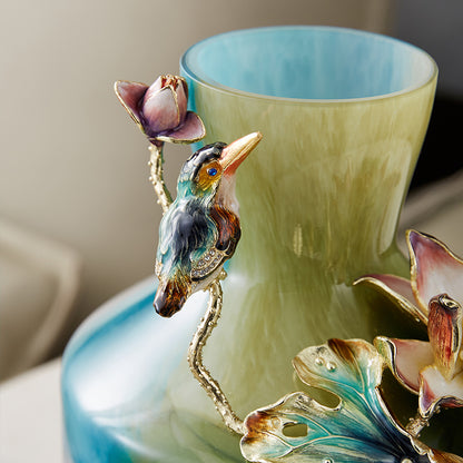 Verdant Mist "Lotus & Kingfisher" Art Vase