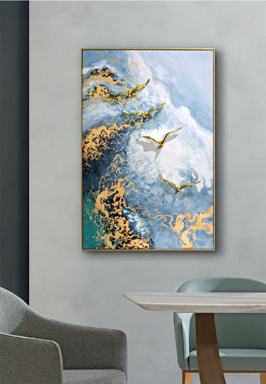 لوحة فنية سائلة بعنوان "الأجنحة الذهبية" من سلسلة "المد الأزرق"