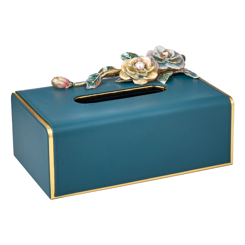 Teal Rose Garden Leather Tissue Box
