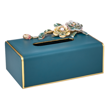 Teal Rose Garden Leather Tissue Box