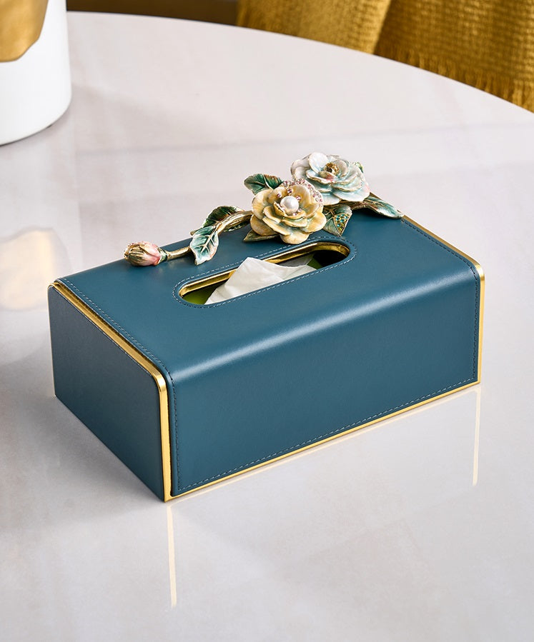Teal Rose Garden Leather Tissue Box