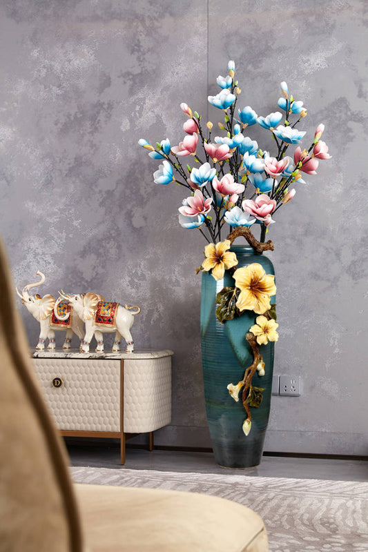 Grand Teal Cascade "Golden Hibiscus" Vase