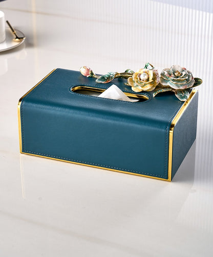 Teal Rose Garden Leather Tissue Box
