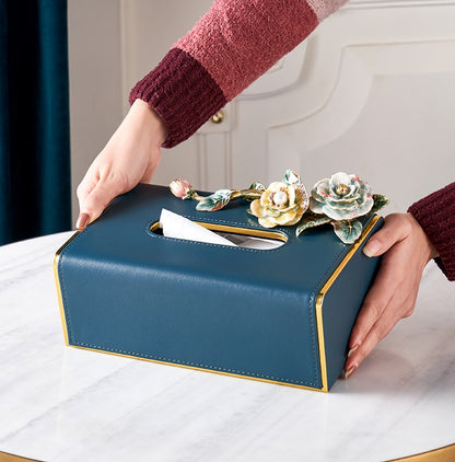 Teal Rose Garden Leather Tissue Box
