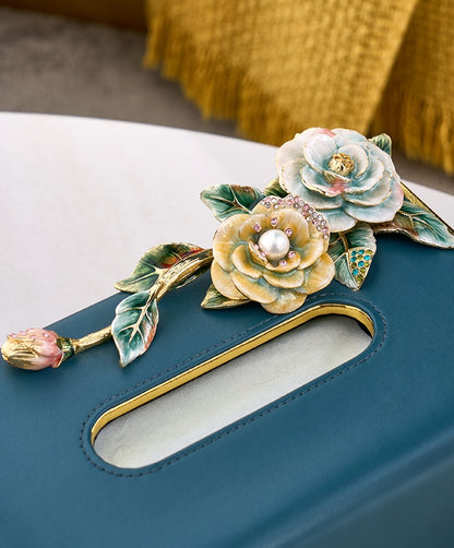 Teal Rose Garden Leather Tissue Box