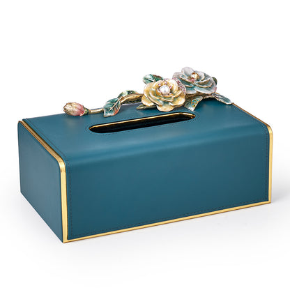 Teal Rose Garden Leather Tissue Box
