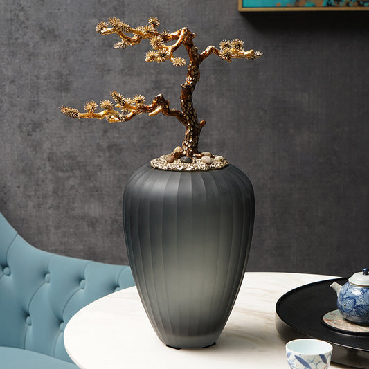 Golden Pine Bonsai Frosted Glass Sculpture