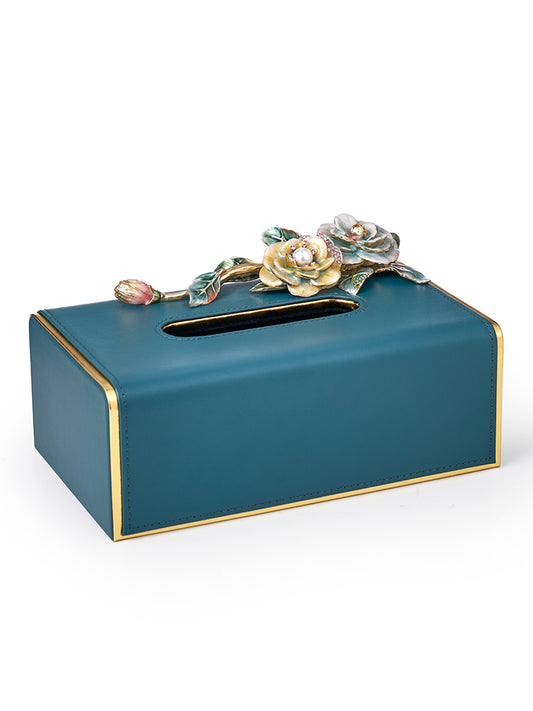 Teal Rose Garden Leather Tissue Box
