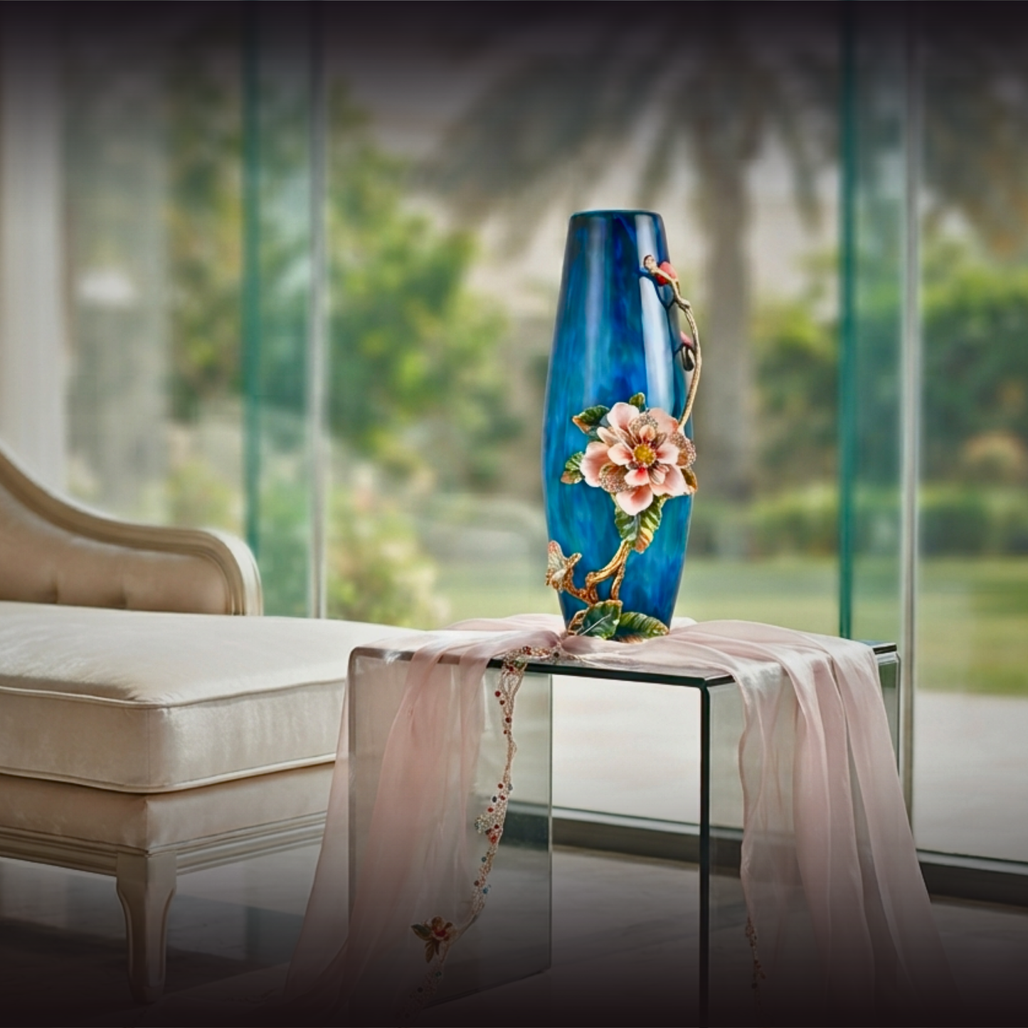 Sapphire Night "Jeweled Peony" Art Vase