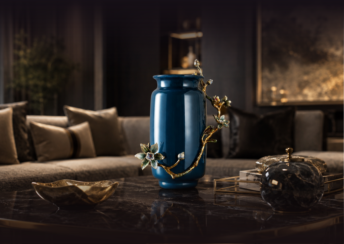 Navy Botanical Ceramic Vase
