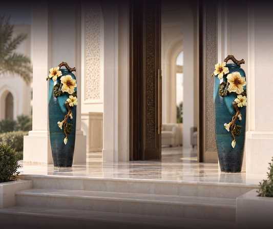 Grand Teal Cascade "Golden Hibiscus" Vase