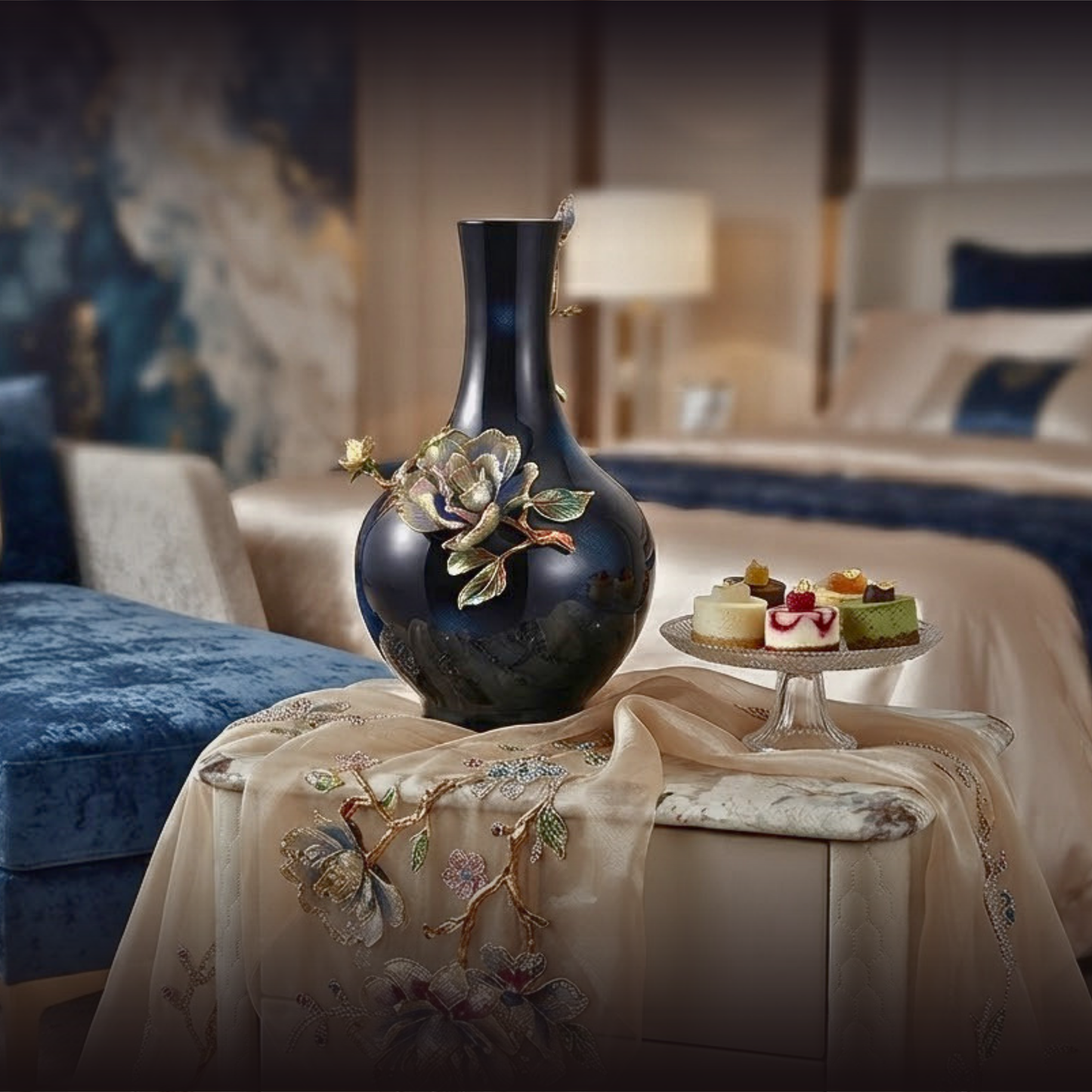 Midnight Azure "Glowing Lotus" Art Vase