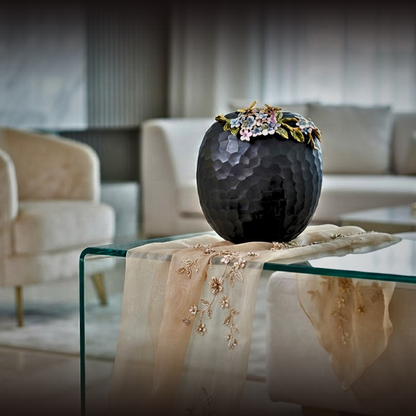 Midnight Blossom Textured Orb Vase