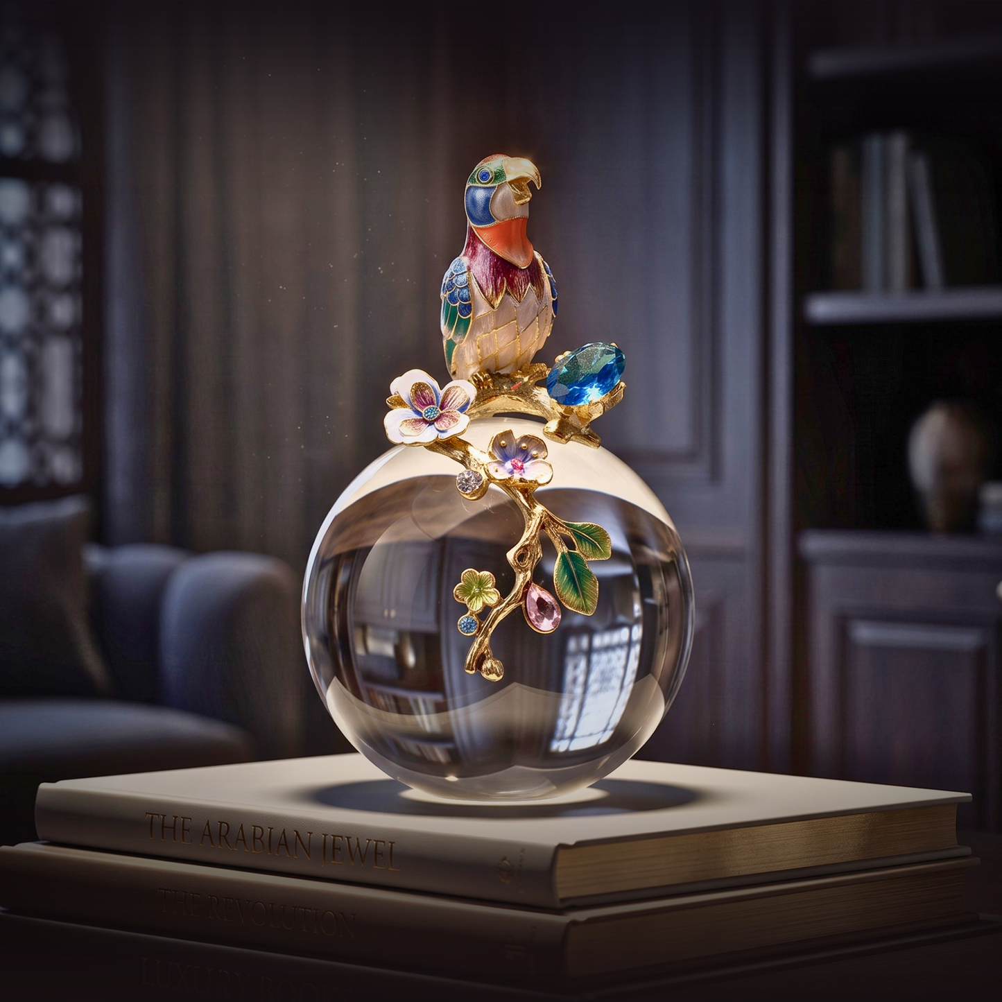 Parrot on Crystal Orb with Floral Branch - Handcrafted Decorative Sculpture