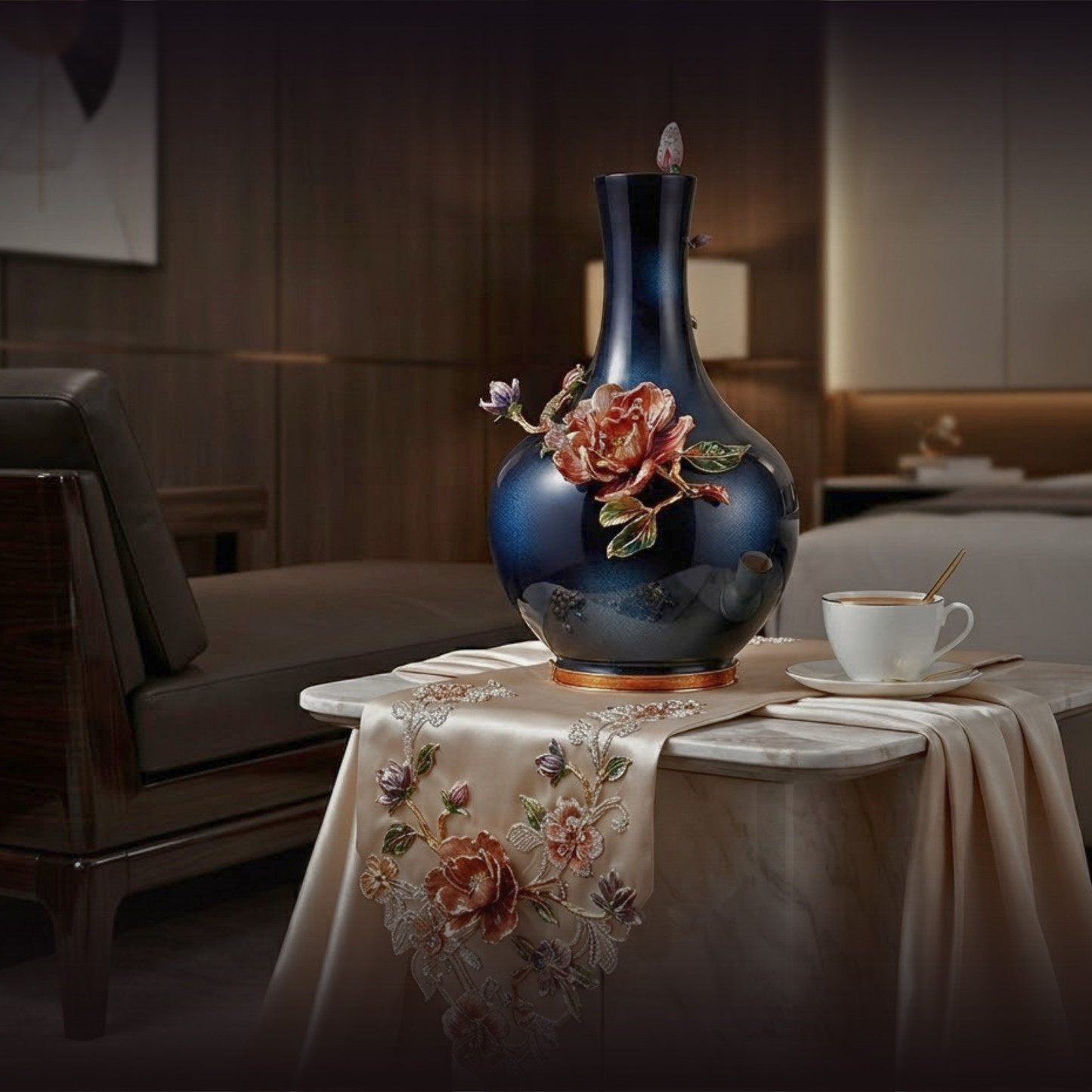 Midnight Azure "Crimson Lotus" Art Vase