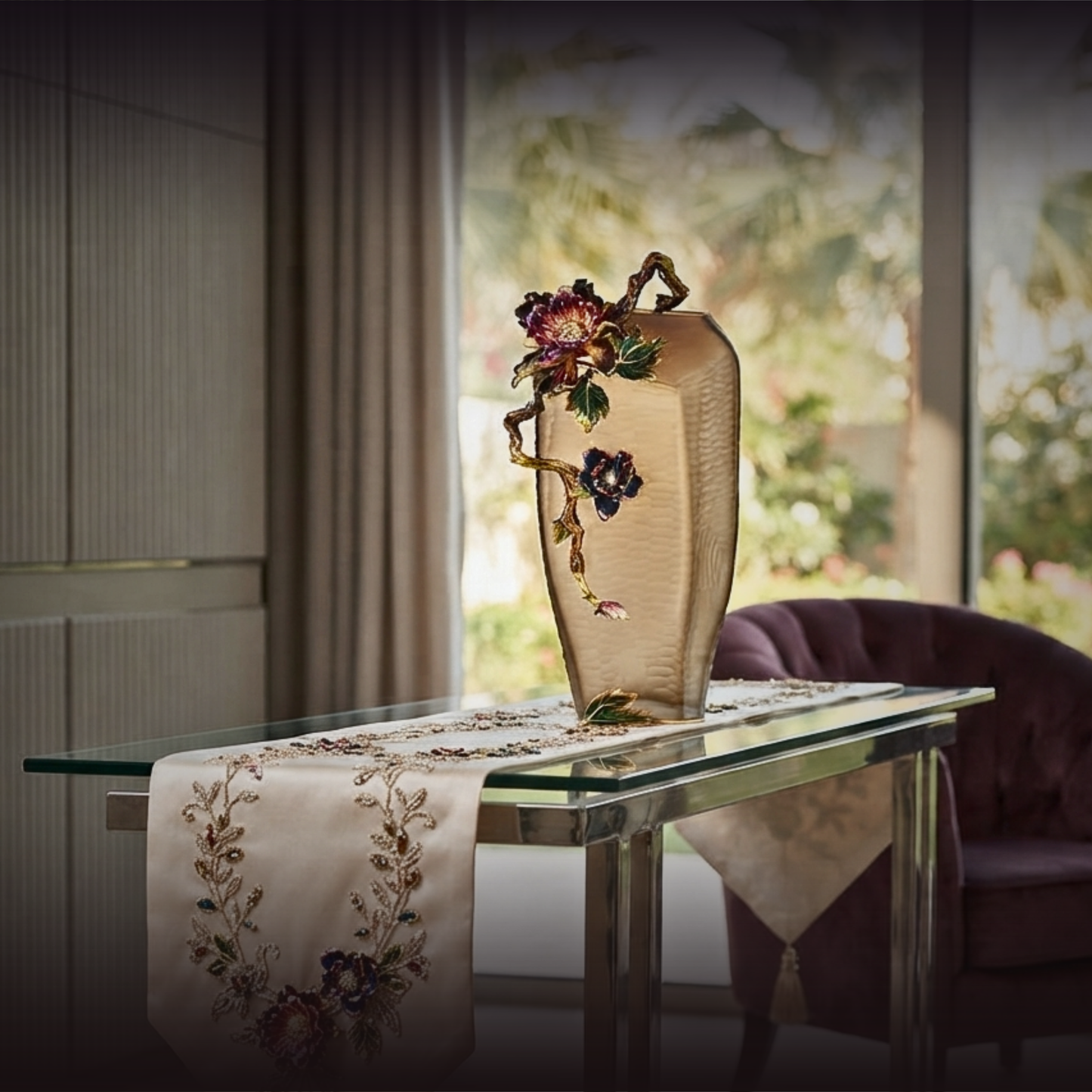 Charcoal Frost "Magnolia & Songbird" Artisan Vase