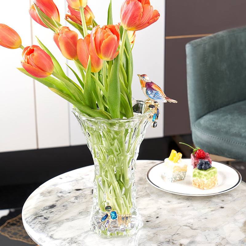 مزهرية طائر مغرد مزينة ببلورات متجمدة وجواهر