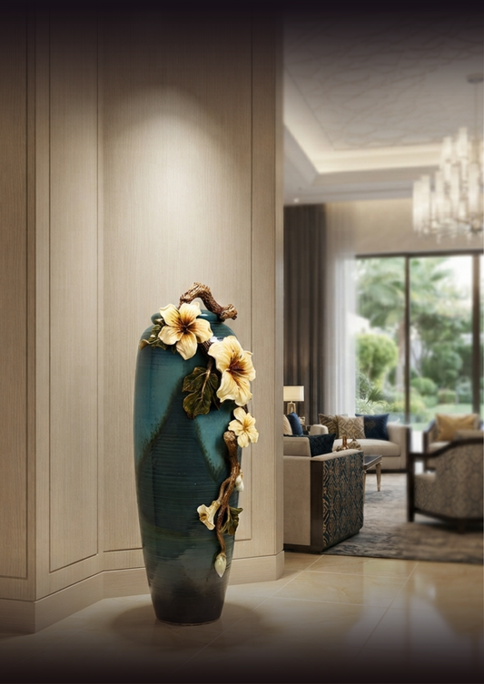 Grand Teal Cascade "Golden Hibiscus" Vase