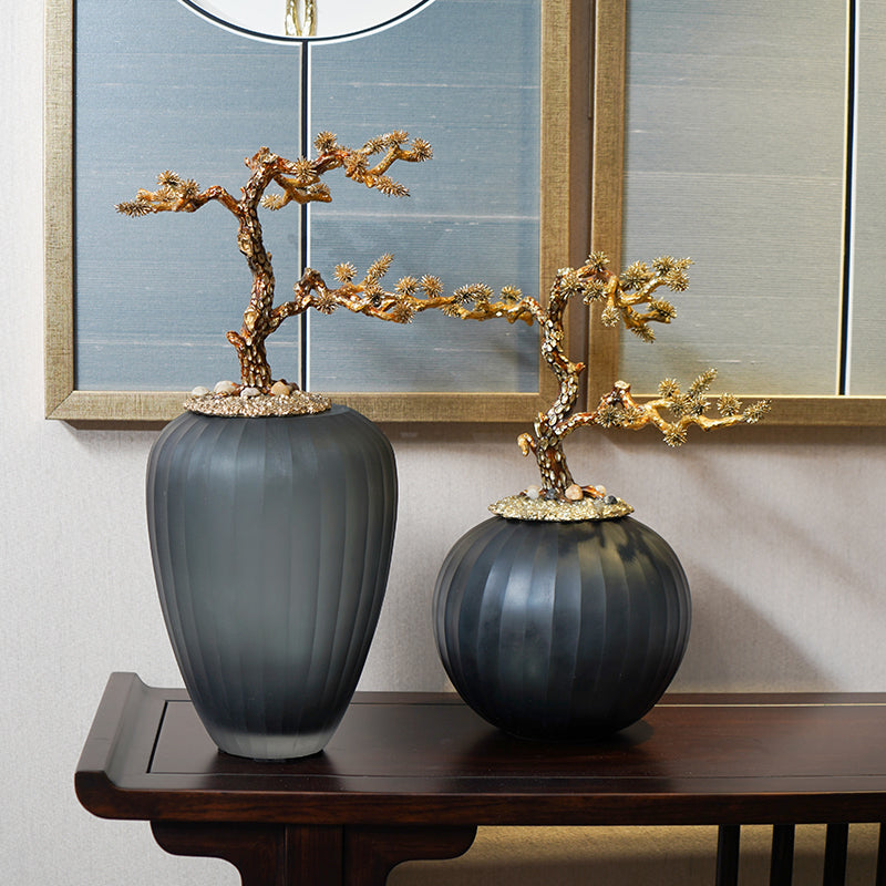 Golden Pine Bonsai Frosted Glass Sculpture