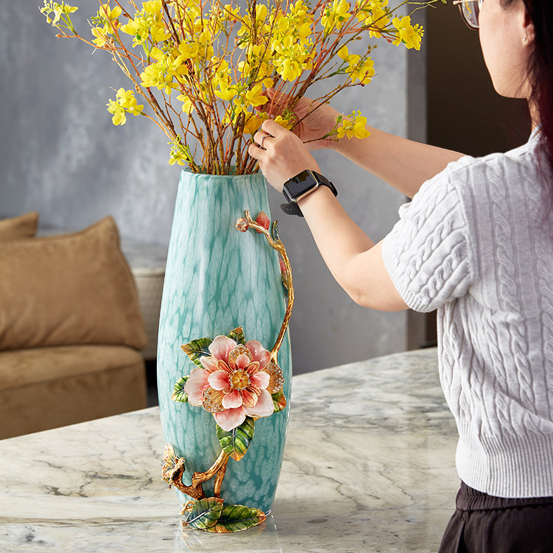 Emerald Mist "Jeweled Camellia" Art Vase