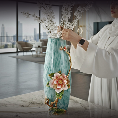 Emerald Mist "Jeweled Camellia" Art Vase