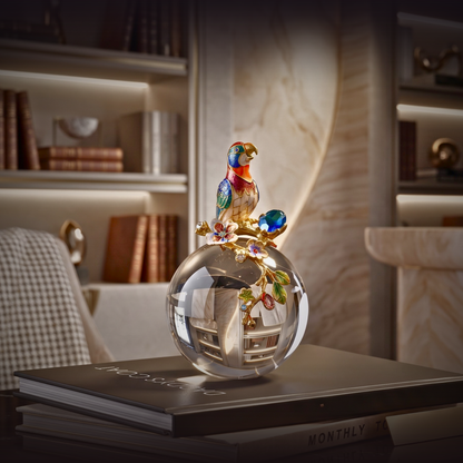 Parrot on Crystal Orb with Floral Branch - Handcrafted Decorative Sculpture
