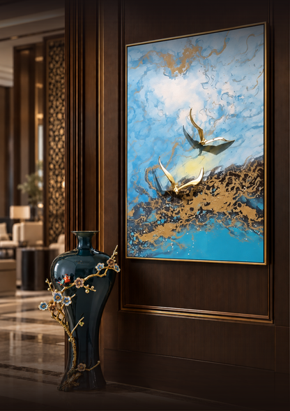 Azure Horizon "Golden Flight" Triptych Art