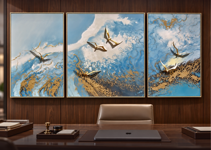 Azure Horizon "Golden Flight" Triptych Art