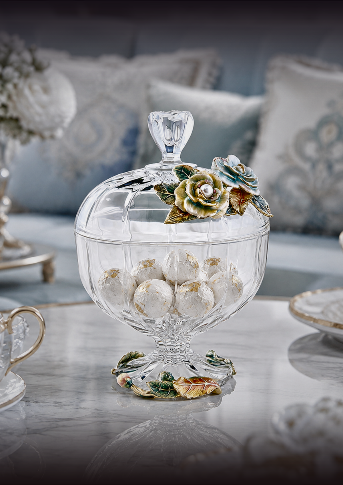 Crystal Rose Garden Footed Jar