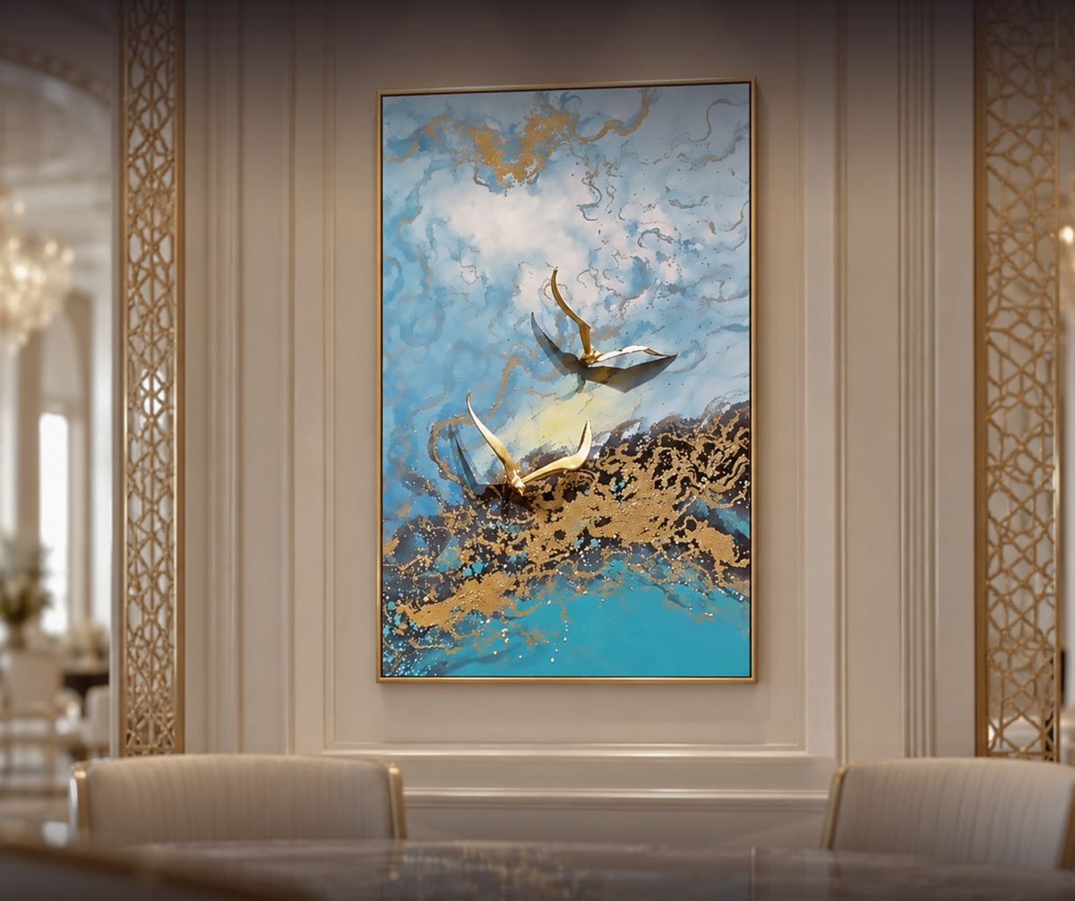 Azure Horizon "Golden Flight" Triptych Art