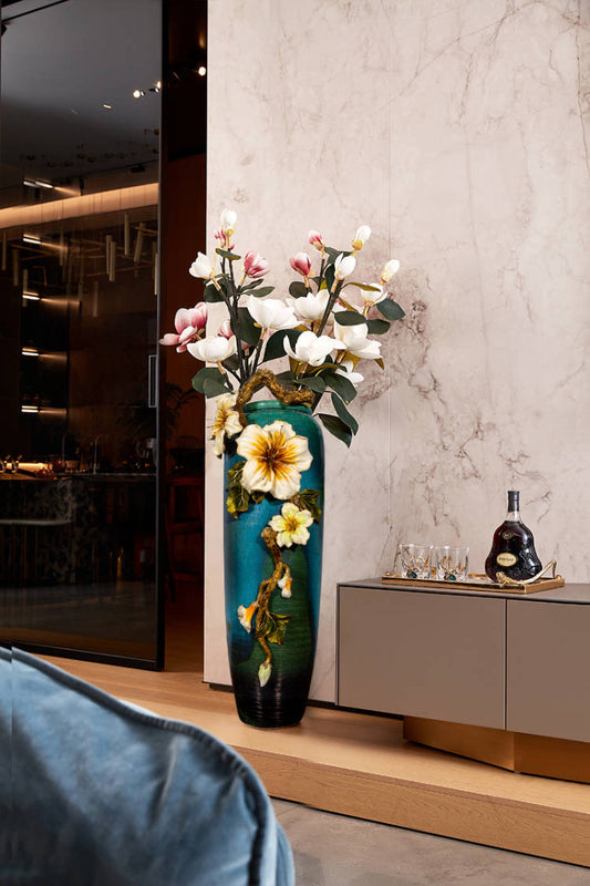 Grand Teal Cascade "Golden Hibiscus" Vase