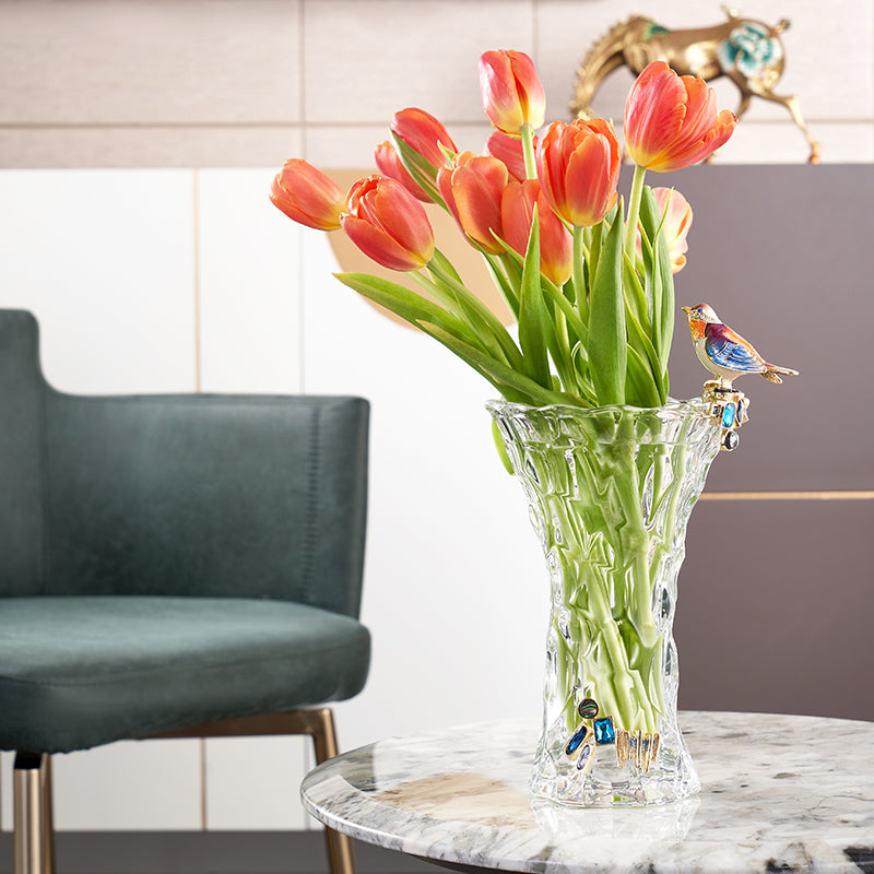 مزهرية طائر مغرد مزينة ببلورات متجمدة وجواهر