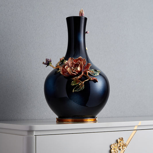 مزهرية فنية بلون أزرق منتصف الليل "زهرة اللوتس القرمزية"