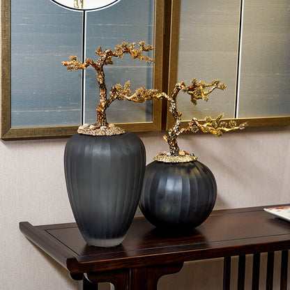 Golden Pine Bonsai Frosted Glass Sculpture