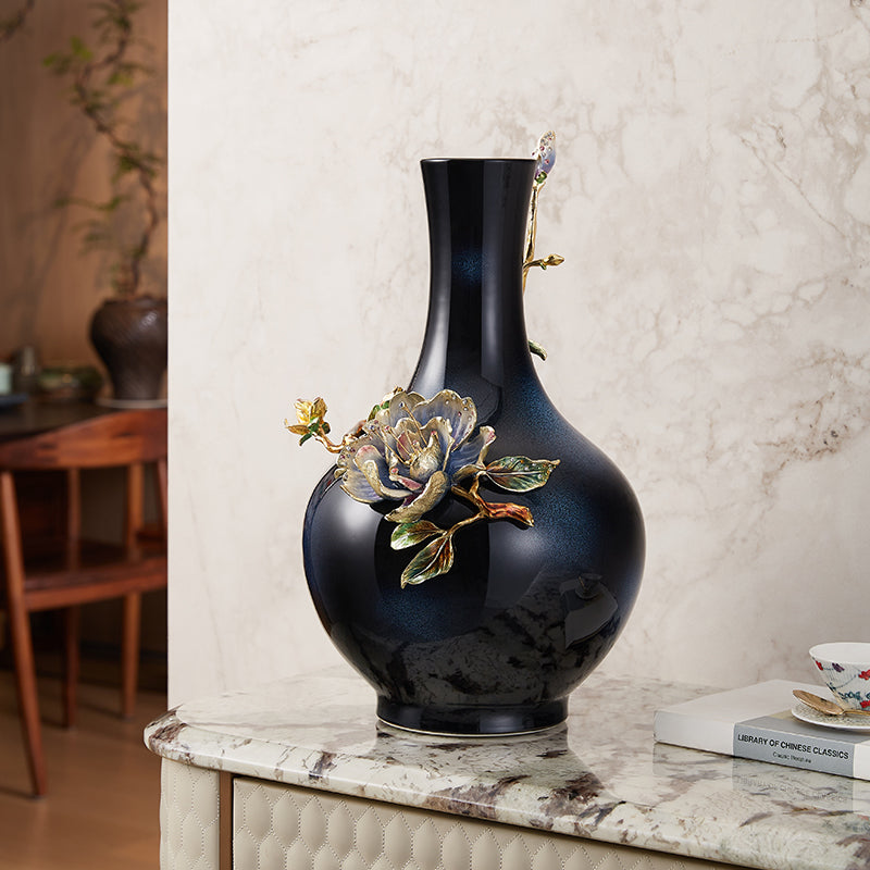 مزهرية فنية "زهرة اللوتس المتوهجة" باللون الأزرق الداكن