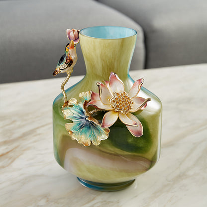 Verdant Mist "Lotus & Kingfisher" Art Vase