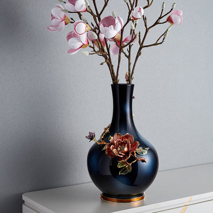 مزهرية فنية بلون أزرق منتصف الليل "زهرة اللوتس القرمزية"